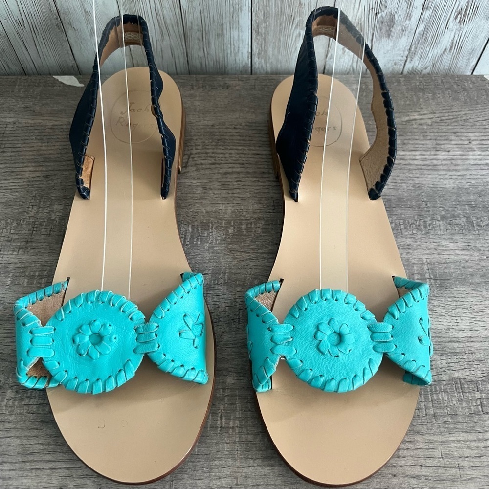 Jack Rogers Turquoise and Navy Sling Back Sandals 10